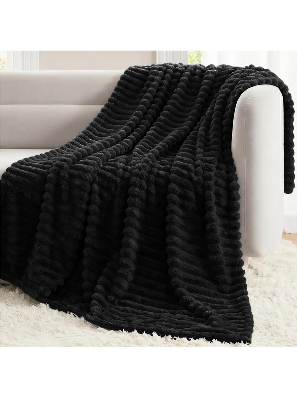 NWT CozyLux Black Throw Blanket for Couch, Ribbed Fleece, 50 x 60 Inch Unopened